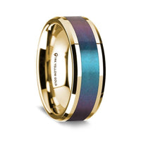 14K Yellow Gold Polished Beveled Edges Wedding Ring with Blue and Purple Color Changing Inlay - 8 mm - Larson Jewelers