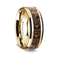 14K Yellow Gold Polished Beveled Edges Wedding Ring with Brown Dinosaur Bone Inlay - 8 mm - Larson Jewelers