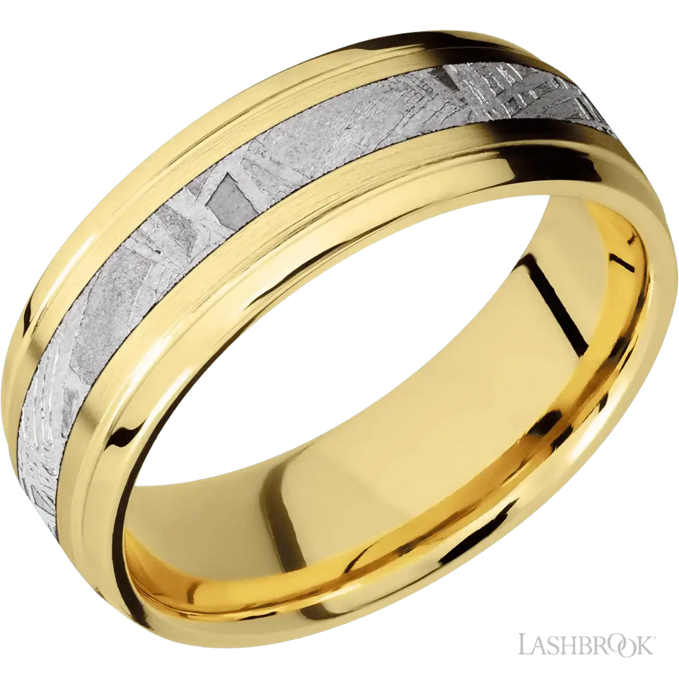 18K Yellow Gold with Satin , Polish Finish and Meteorite Inlay - 7MM - Larson Jewelers