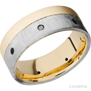 18K Yellow Gold flat band with a meteorite edge inlay with black diamonds flush set - 8MM - Larson Jewelers