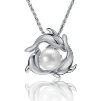 Dolphins Encircle White Pearl Necklace