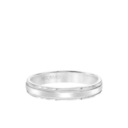 ArtCarved 14k white gold flat brushed wedding band with dual milgrain edges, front view