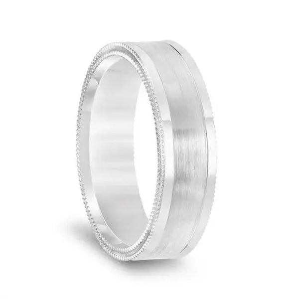 14k White Gold Double Milgrain Polished Edges Men’s Wedding Band with Brushed Center - 6.5mm - Larson Jewelers