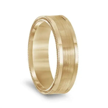 14k Yellow Gold Double Milgrain Polished Edges Men’s Wedding Band with Brushed Center - 6.5mm - Larson Jewelers