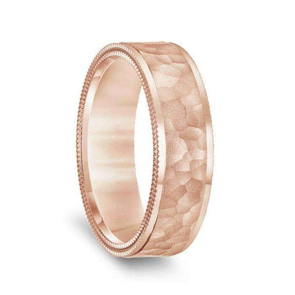 14k Rose Gold Hammered Finish Men’s Wedding Ring with Double Milgrain Polished Edges - 6.5mm - Larson Jewelers