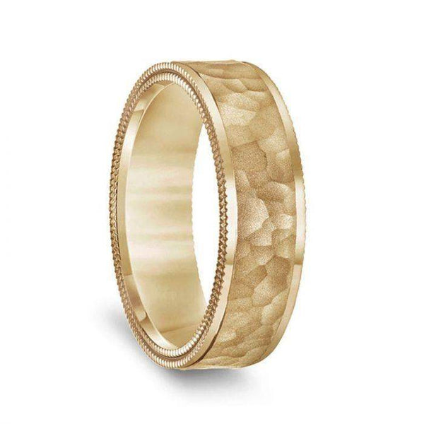 14k Yellow Gold Hammered Finish Men’s Wedding Ring with Double Milgrain Polished Edges - 6.5mm - Larson Jewelers