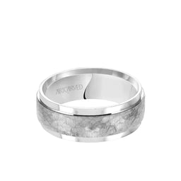 14k White Gold Wedding Band Flat Hammered Brushed Raised Center Finish with Flat Edges- 8 mm - Larson Jewelers