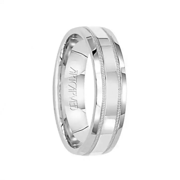 PLEDGE 14k White Gold Wedding Band Flat Polished Finish Center with Milgrain Design by Artcarved - 5.5 mm - Larson Jewelers