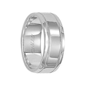 ArtCarved 14k white gold men’s wedding band, 8 mm wide, flat polished center with dual milgrain edges, angled view