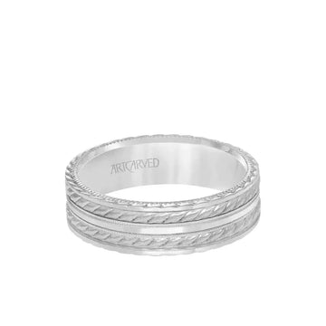 14k White Gold Wedding Band Flat Dual Rope & Milgrain Center Design Sandblasted Finish with Flat Edges- 6.5 mm - Larson Jewelers