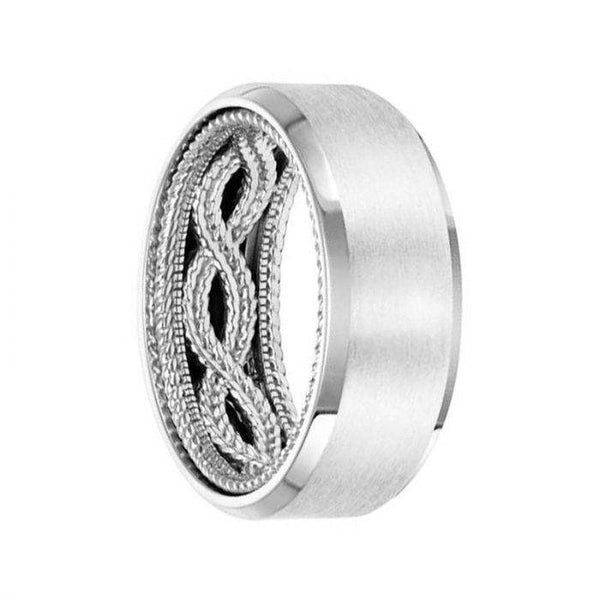 14k White Gold Wedding Band Rope Pattern Coin Edge Inner Design Flat Brushed Finish Beveled Edges by Artcarved - 8.5 mm - Larson Jewelers