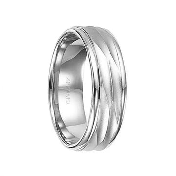 14k White Gold Wedding Band Engraved Center Brushed Finish with Rolled Edges - 7 mm - Larson Jewelers