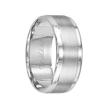14k white gold wedding band with satin brushed center and high-polish rolled edges, interior engraved with ARTcarved logo, available in 4.5mm, 6.5mm, and 8.5mm widths