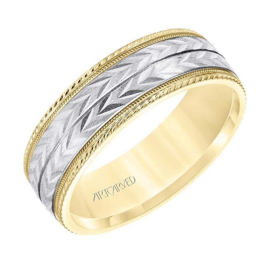 14k Two Toned Yellow & White Gold Center Wedding Band Flat Multiple Directional Wheat Motif Satin Brushed Inlay Design Milgrain Rope Edges- 7 mm - Larson Jewelers