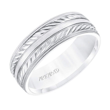 14k White Gold Wedding Band Flat Dual Wheat Motif Center Design Satin Brushed Finish with Milgrain Edges- 7 mm - Larson Jewelers