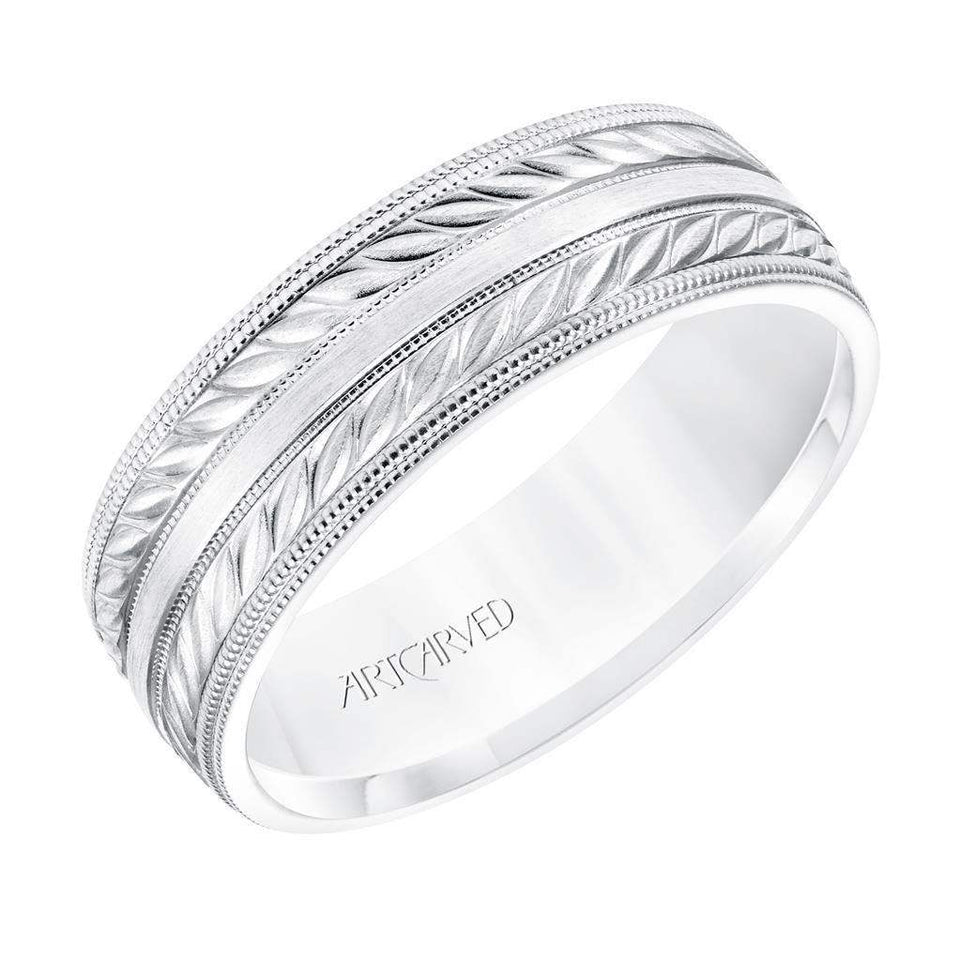 14k White Gold Wedding Band Flat Dual Wheat Motif Center Design Satin Brushed Finish with Milgrain Edges- 7 mm - Larson Jewelers