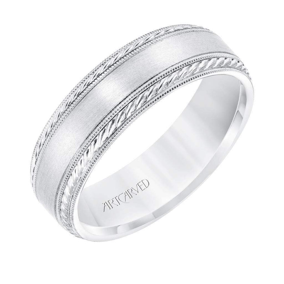 14k White Gold Wedding Band Flat Satin Finish Center with Milgrain Rope Edges- 6.5 mm - Larson Jewelers