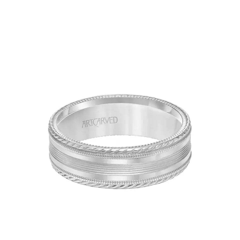 14k White Gold Wedding Band Flat Ridged Center Design Polished Finish with Rope Milgrain Edges- 7 mm - Larson Jewelers