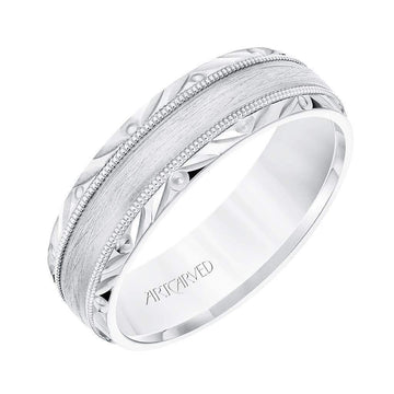 14k White Gold Wedding Band Wire Brushed Finish Center with Milgrain Accents Beveled Edges- 6.5 mm - Larson Jewelers