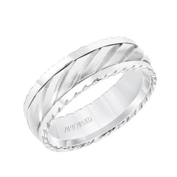 14k White Gold Wedding Band Domed Soft Sand Finish with Diagonal Line Pattern Textured Edges- 7 mm - Larson Jewelers