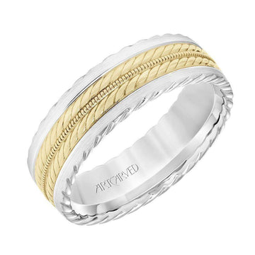 14k Two Toned White Gold with Yellow Gold Center Wedding Band Domed Rope and Milgrain Inlay Design Rope Edges- 7 mm - Larson Jewelers