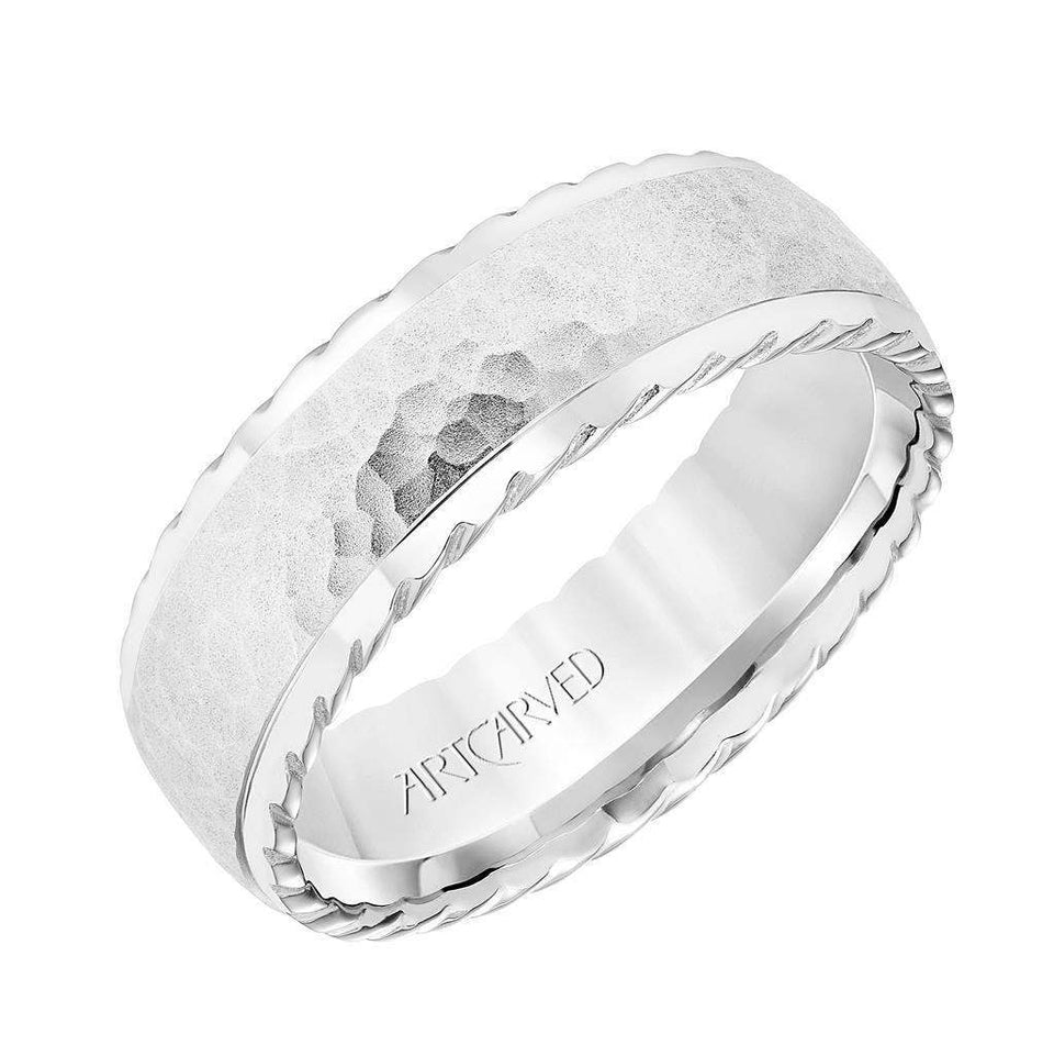 14k White Gold Wedding Band Domed Hammered Finish Center with Rope Edges - 7 mm - Larson Jewelers