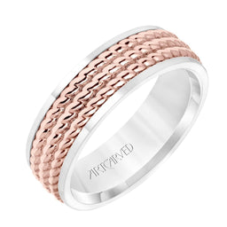 14k Two Toned White Gold with Rose Gold Center Wedding Band Domed Polished Finish Triple Rope Inlay Design Flat Edges- 7 mm - Larson Jewelers