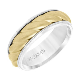 14k Two Toned White Gold with Yellow Gold Center Wedding Band Domed Rope Inlay Design Soft Sand Finish Milgrain Edges- 7 mm - Larson Jewelers