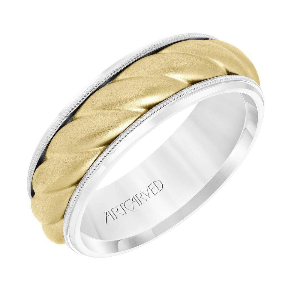14k Two Toned White Gold with Yellow Gold Center Wedding Band Domed Rope Inlay Design Soft Sand Finish Milgrain Edges- 7 mm - Larson Jewelers