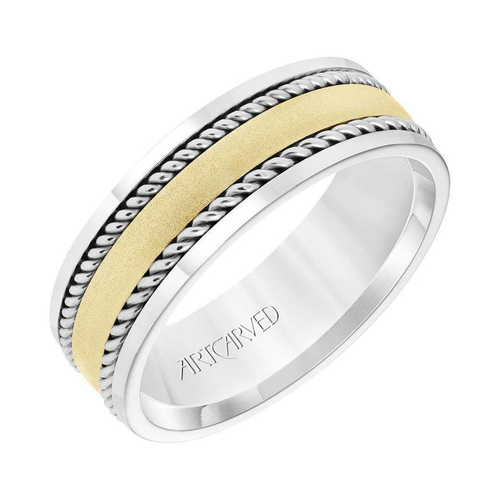 14k Two Toned White Gold with Yellow Gold Center Wedding Band Flat Dual Rope Center Design Satin Finish Polished Edges- 7 mm - Larson Jewelers