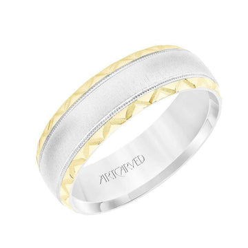 14k White & Yellow Gold Wedding Band Domed Soft Sand Center with Milgrain Leaf Design Edges - 7 mm - Larson Jewelers