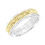 14k Two Toned White & Yellow Gold Wedding Band Raised Paisley Inlay Design Milgrain Detail Round Edges- 6.5 mm - Larson Jewelers