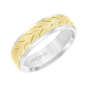 14k Two Toned White & Yellow Gold Wedding Band Raised Textured Leaf Design Polished Round Edges- 6.5 mm - Larson Jewelers