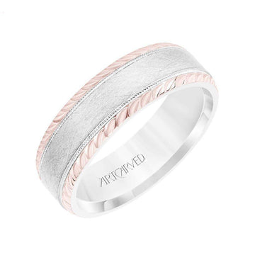 14k Two Toned White & Rose Gold Wedding Band Domed Crystalline Finish with Milgrain and Leaf Design Beveled Edges- 7 mm - Larson Jewelers