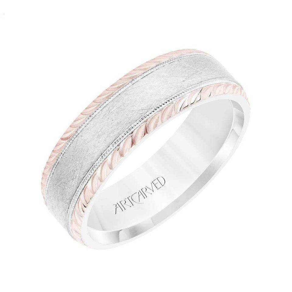 14k Two Toned White & Rose Gold Wedding Band Domed Crystalline Finish with Milgrain and Leaf Design Beveled Edges- 7 mm - Larson Jewelers