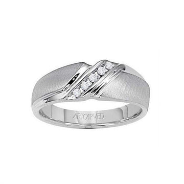 MERRITT 14k White Gold Wedding Band Domed Vertical Brushed Finish with Tension Set Diamonds- 7 mm - Larson Jewelers