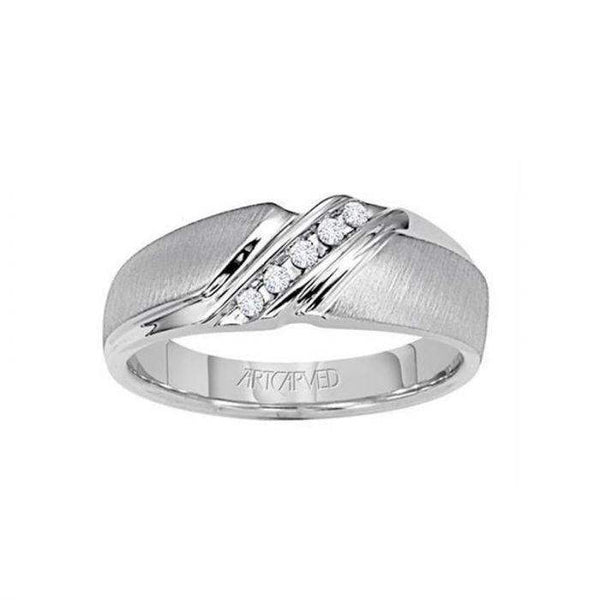 MERRITT 14k White Gold Wedding Band Domed Vertical Brushed Finish with Tension Set Diamonds- 7 mm - Larson Jewelers