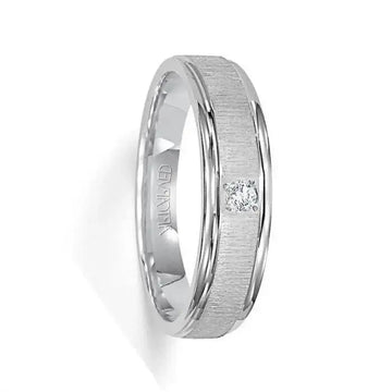 ASHFORD 14k White Gold Wedding Band Flat Vertical Brushed Finish with Single Center Diamond Rolled Edges- 6 mm - Larson Jewelers