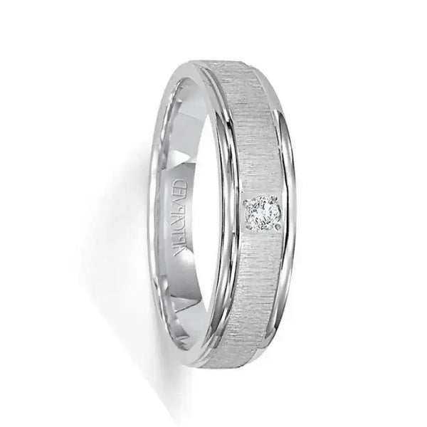 ASHFORD 14k White Gold Wedding Band Flat Vertical Brushed Finish with Single Center Diamond Rolled Edges- 6 mm - Larson Jewelers