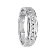 PEMBROOK 14k White Gold Wedding Band Flat Vertical Brushed Finish with Center Row of Diamonds Rolled Edges- 6 mm - Larson Jewelers