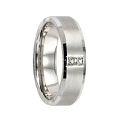 DUMONT 14k White Gold Wedding Band Flat Satin Brushed Finish Dual Center Diamonds Coin Accents Beveled Edges- 6 mm - Larson Jewelers