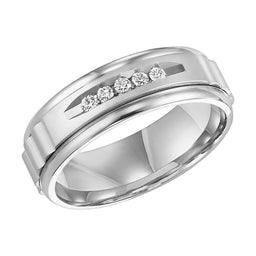 14k White Gold Wedding Band Engraved Textured Finish Center White Diamonds Rolled Edges- 7 mm - Larson Jewelers