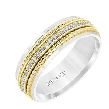 14k Two Toned White & Yellow Gold Wedding Band Dual Rope Diamond Inlay Polished Finish Flat Edges - 7 mm - Larson Jewelers