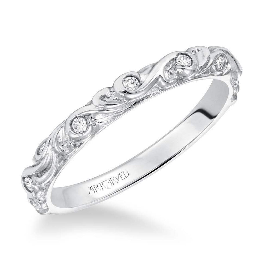 SUNRISE Women's 14K White Gold Wedding Band with Floral Carving and Diamond Accents by Artcarved - 3 mm - Larson Jewelers