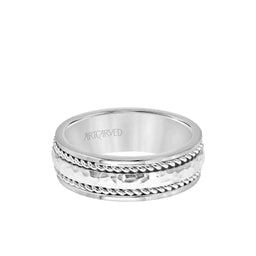 ESSEX 14k White Gold Wedding Band Hammered Finish Center with Rope Design Rolled Edges by Artcarved - 7.5 mm - Larson Jewelers