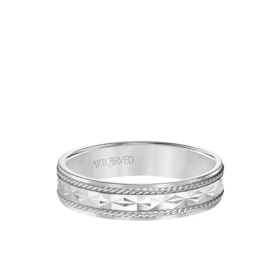 ROULETTE 14k White Gold Wedding Band Textured Engraved Design Center Pattern with Rope Rolled Edges by Artcarved - 5mm - Larson Jewelers