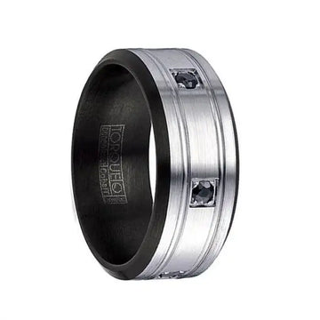 WHEATLY Torque Black & White Cobalt Wedding Band Brushed Finish Center Dual Grooved Sapphires Beveled Edges - 9 mm - Larson Jewelers