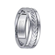 Polished White Cobalt Men’s Wedding Band with Grooved 14k White Gold Inlay Pattern - 7.5mm - Larson Jewelers