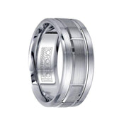 Brushed White Cobalt Men’s Wedding Band with Grooved 14k White Gold Inlay Design Polished Edges - 9 mm - Larson Jewelers