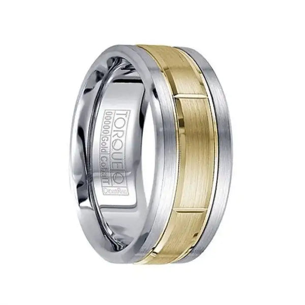 Brushed White Cobalt Men’s Wedding Band 14k Yellow Gold Inlay with Grooves - 9mm - Larson Jewelers